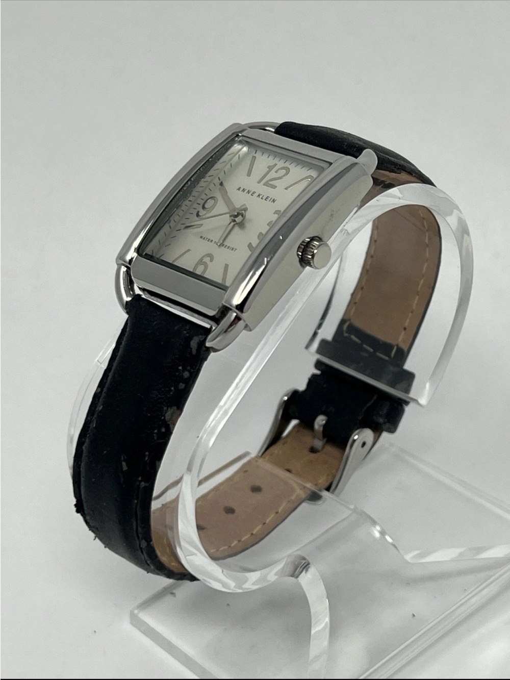 Anne Klein Women’s Watch Y121E 10/9997 Black Leather Silver Dial Tank Ladies
